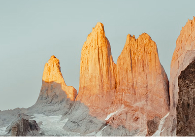 Torres del Paine National Park in Chile. The park's famous towers are huge granite peaks shaped over time by ice and erosion, forming the skyline that gave the park its name.